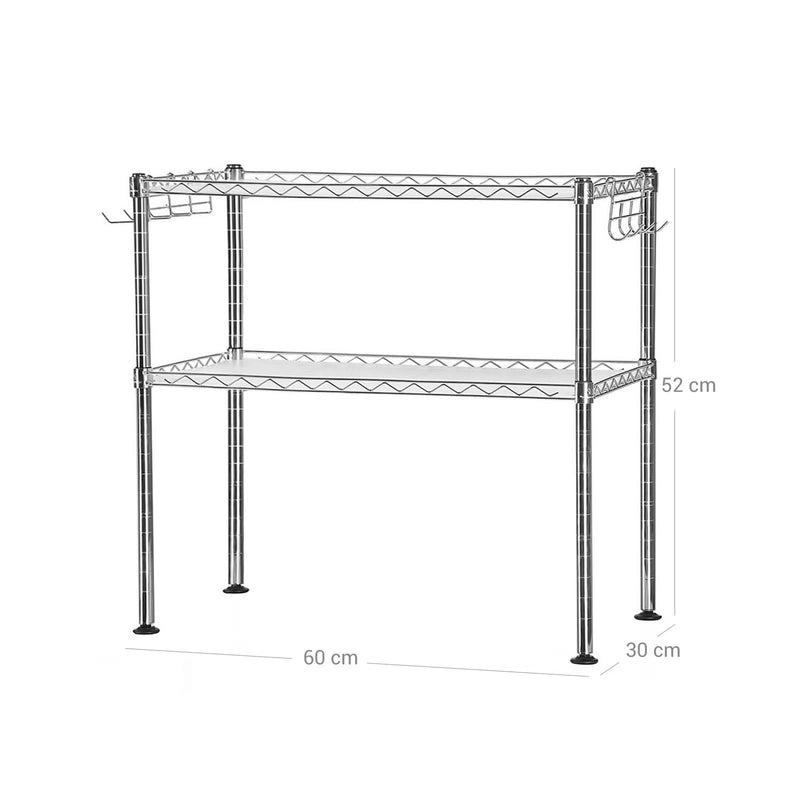 Rack cu microunde - Rack de bucătărie - cu 2 niveluri - Organizator de masă - cu 2 rafturi reglabile - 8 cârlige - argint