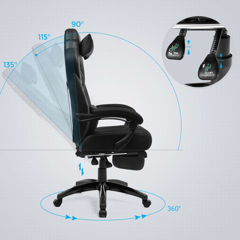 Spelstol - Office Chair - Gamingchair - med fotstöd och huvudstöd - svart