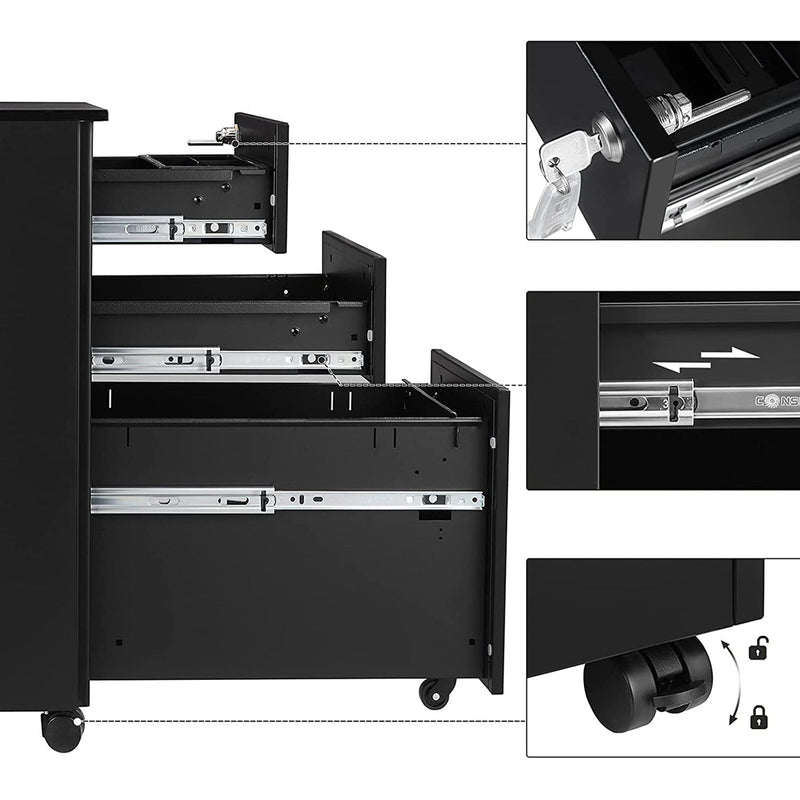 Container mobil - unitate de sertare - CHEST OF HRADEN - Dulap de birou - cu roți - cu blocare - 3 sertare - negru