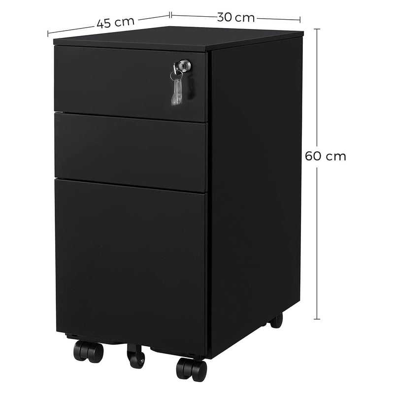 Conteneur mobile - Unité de tiroir - Coffre de tiroirs - armoire de bureau - avec roues - avec verrouillage - 3 tiroirs - noir