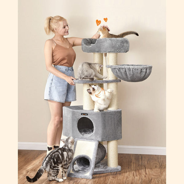 Stor skrapstolpe - Scratching Post - With Cave Hammock - Plush Platform - Tunnel - Corners - Grey