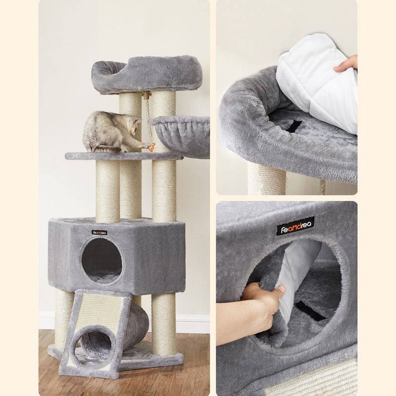 Stor skrapstolpe - Scratching Post - With Cave Hammock - Plush Platform - Tunnel - Corners - Grey