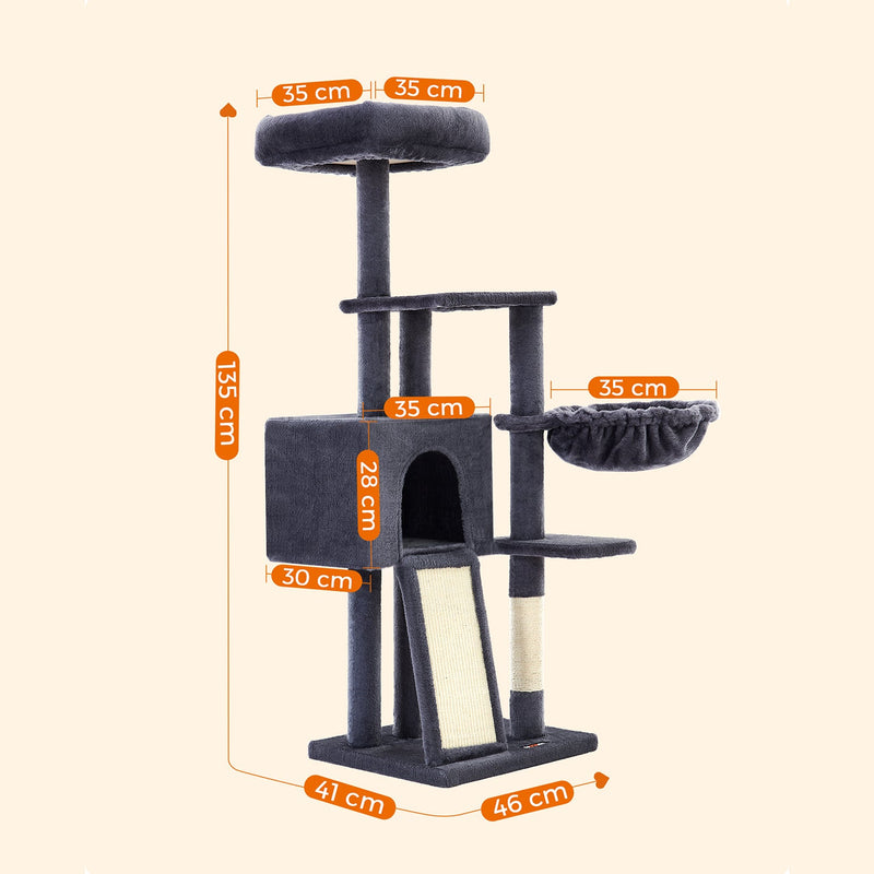 Scratching Post - Cat Sleeping Place - 135 cm - med græsplæne - med platform - mørkegrå