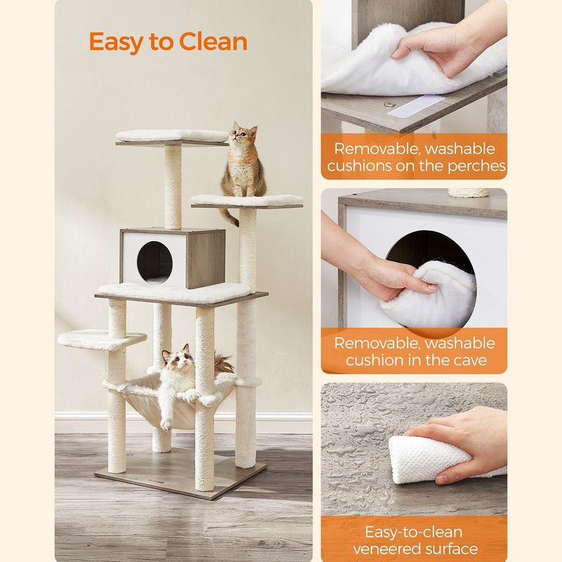 Cat Tree - Modern - Cat Furniture - Scratching Post - Med flera nivåer - Cuddly Hole - Hammock - Beige