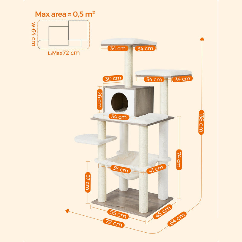 Cat Tree - Modern - Cat Furniture - Scratching Post - Med flere niveauer - Cuddly Hole - Hammock - Beige