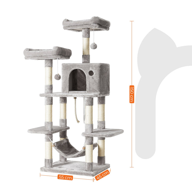 Post zgârietură - casă de pisici - cu hamac - 150 cm - gri deschis