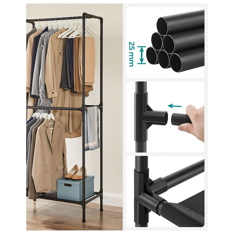 Rack de vêtements - avec 3 tiges suspendues et étagère de tissu - noir