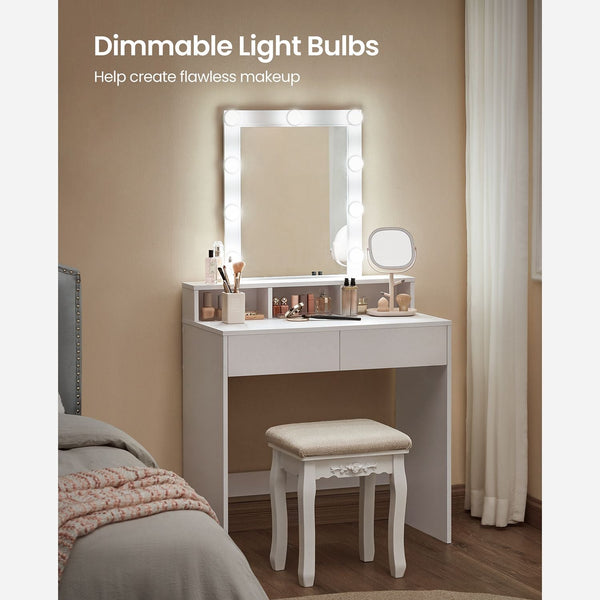 Toalettbord - Make up tabell - kosmetisk bord - med spegel och glödlampor - justerbar ljusstyrka - med 2 lådor - vitt