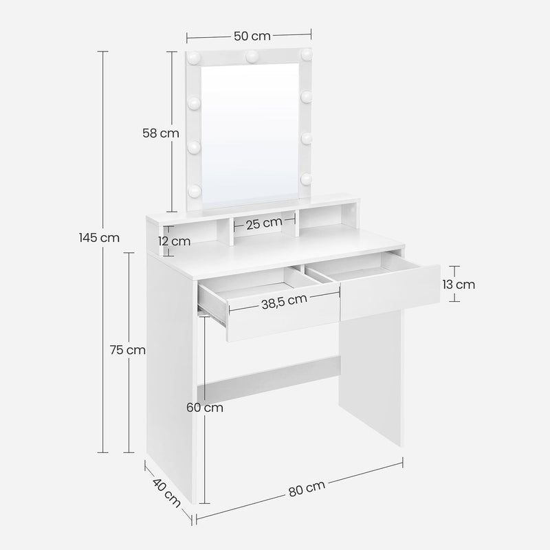 Påklædningsbord - Make -up -bord - Kosmetisk bord - Med spejl og pærer - Justerbar lysstyrke - med 2 skuffer - Hvid