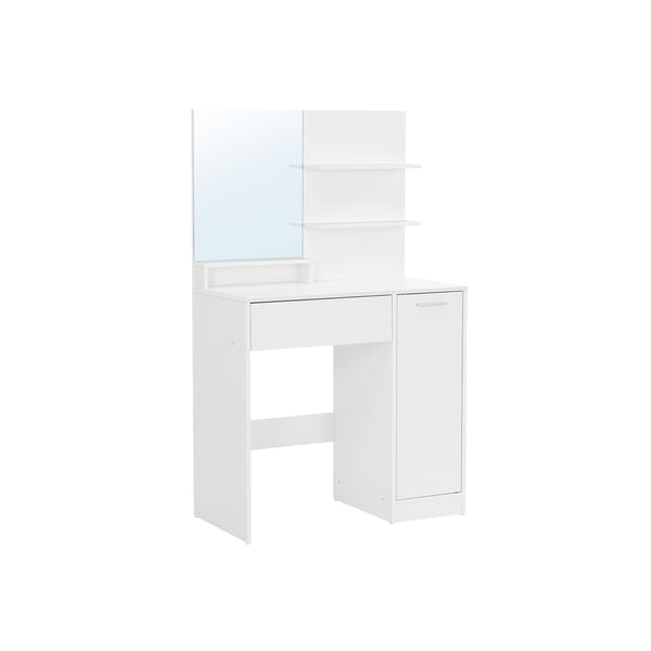 Table de coiffeuse - Tableau de fabrication - 1 grand tiroir - avec miroir et éclairage - 2 étagères - blanc