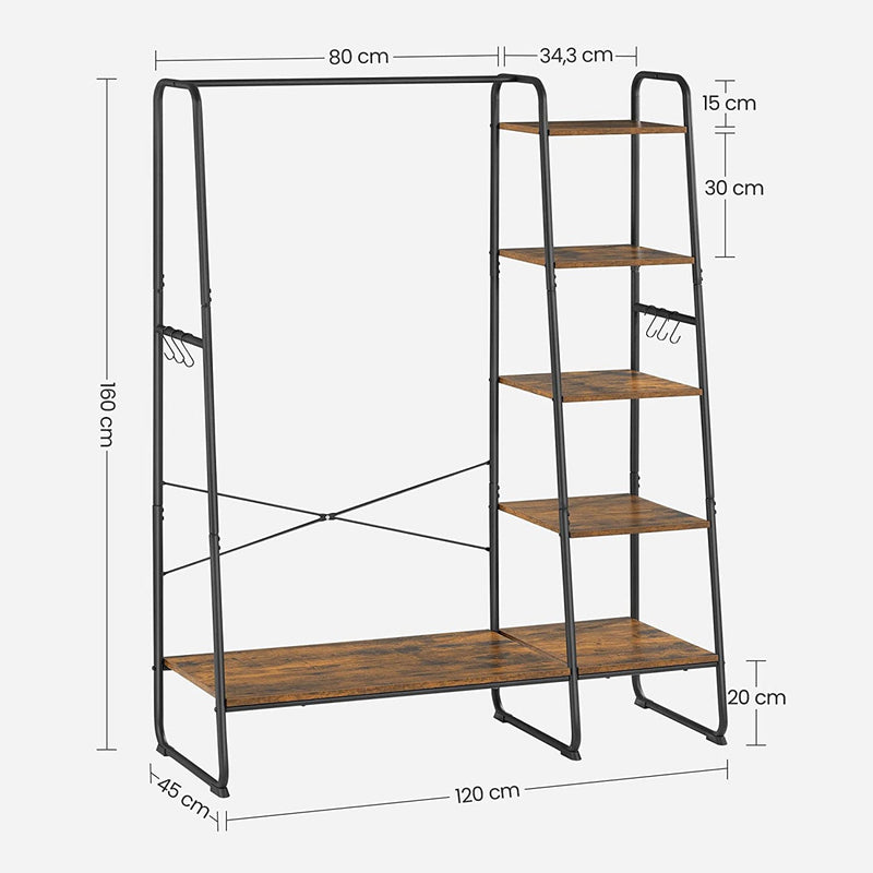 Kapstok - 5 niveaus - 45 x 120 x 160 cm - Kapstok - Met schoenenrek, kledingstang, open garderobe - 6 haken - Industrieel design