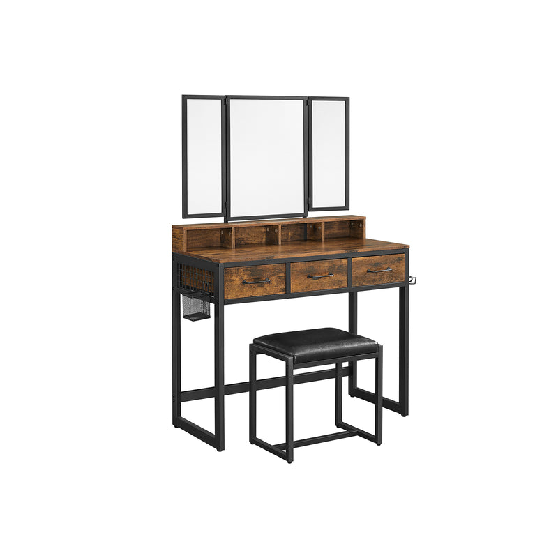 Make -up Table - Dressing Table - Tabel cosmetic - 3 sertare - cu oglindă și scaun - negru maro