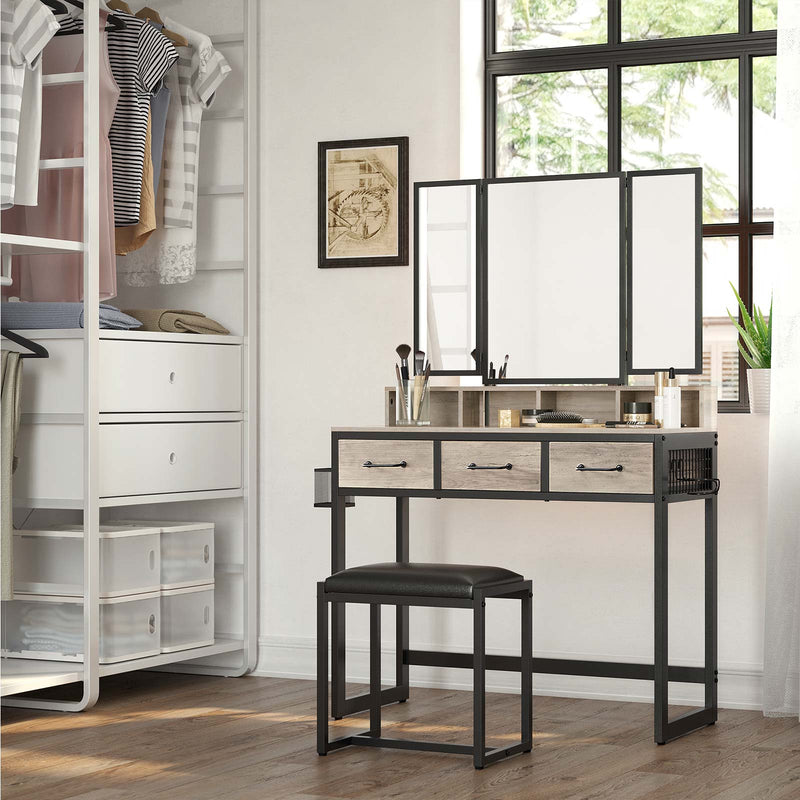 Table de coiffeuse - Tableau de make -up - avec miroir à 3 paramètres - 3 tiroirs - avec tabouret - noir gris