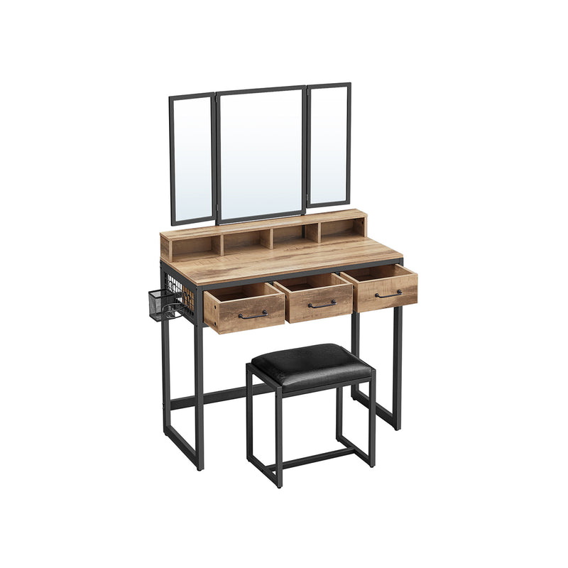 Make -up Table - Dressing Table - Tabel cosmetic - 3 sertare - cu oglindă și scaun - negru maro