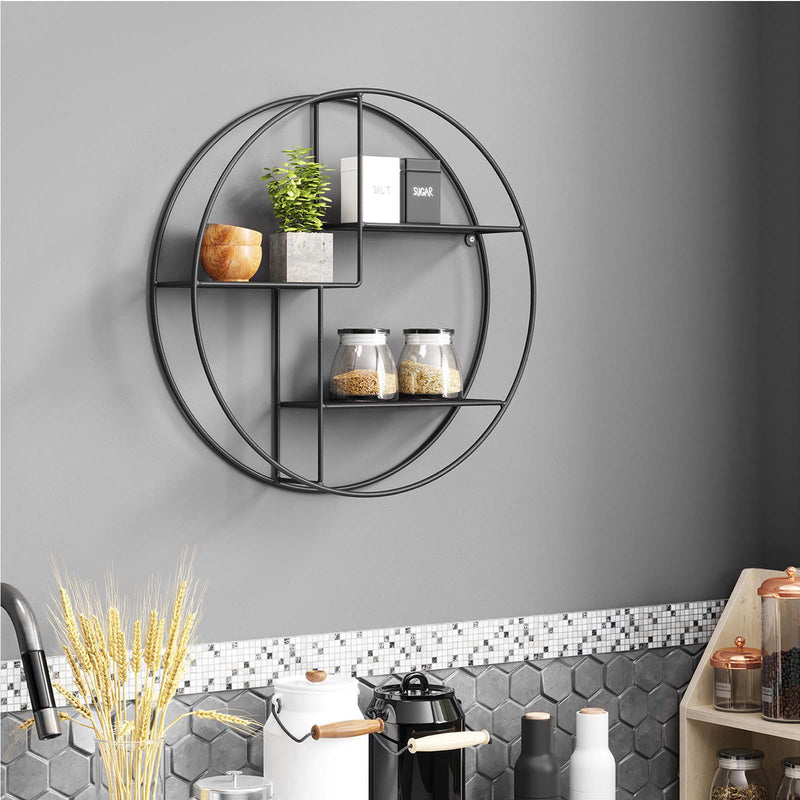 Industrial Metal Wall Rack - Round With 3 Metal Hyllar - Svart