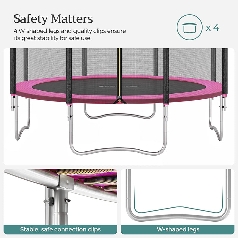 Trampolin Ø 305 cm - Rund trädgårdstrampolin - med säkerhetsnät - stege och vadderade pinnar - Säkerhetskåpa - rosa