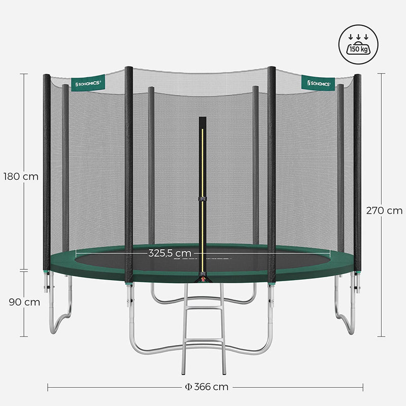 Trambulină Ø 305 cm - Trambulină rotundă de grădină - cu plasă de siguranță - cu scară - verde