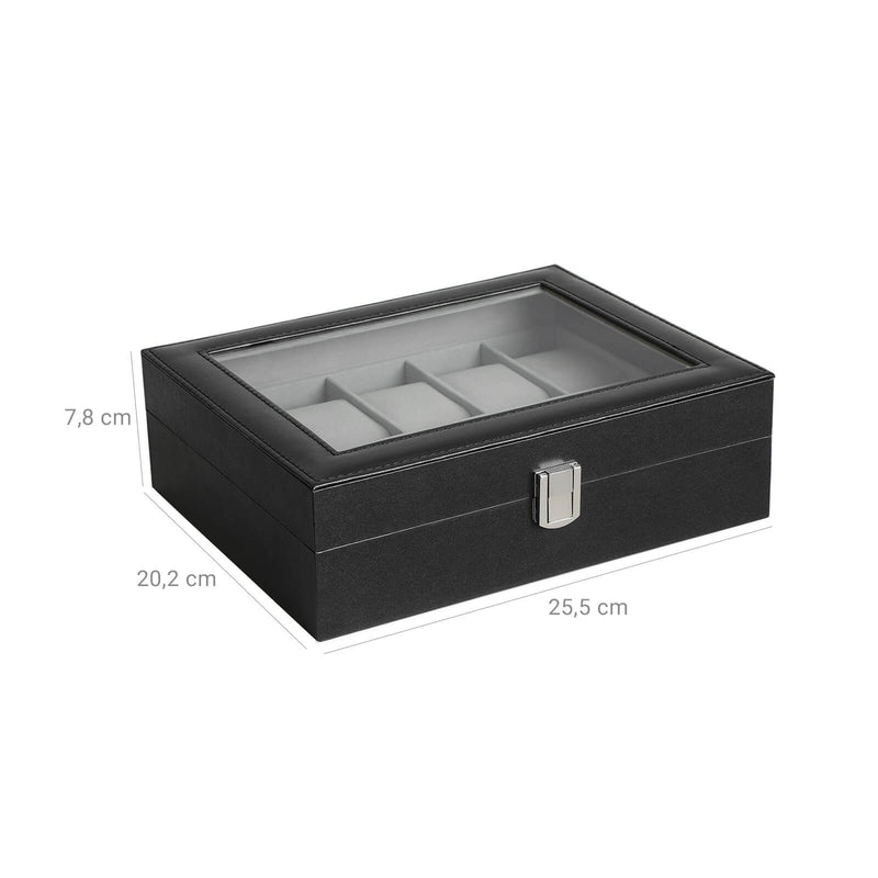 Watchbox - Watchpist - cu 10 compartimente - cu capac de sticlă - negru, gri