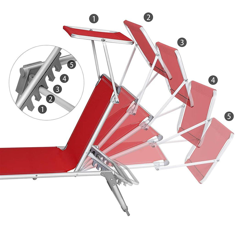 Solrig stol - med tag - Lounger - Garden War Seat - Aluminium - Justerbar ryglæn - Foldning - Rød