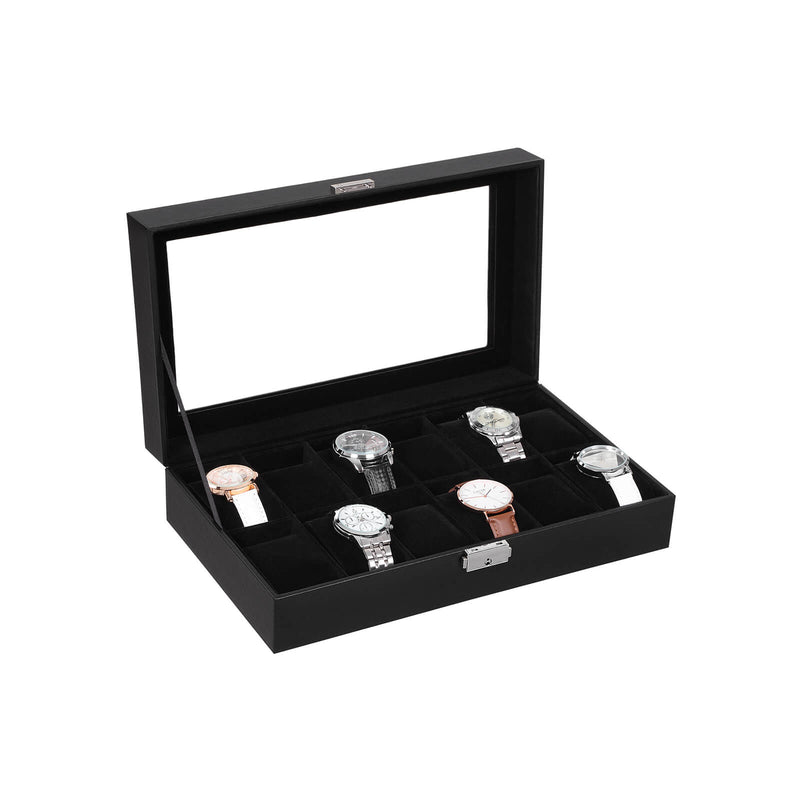 Watchbox - til 12 ure - Watch Box - Watch Cabinet - Glass Cover - Sort