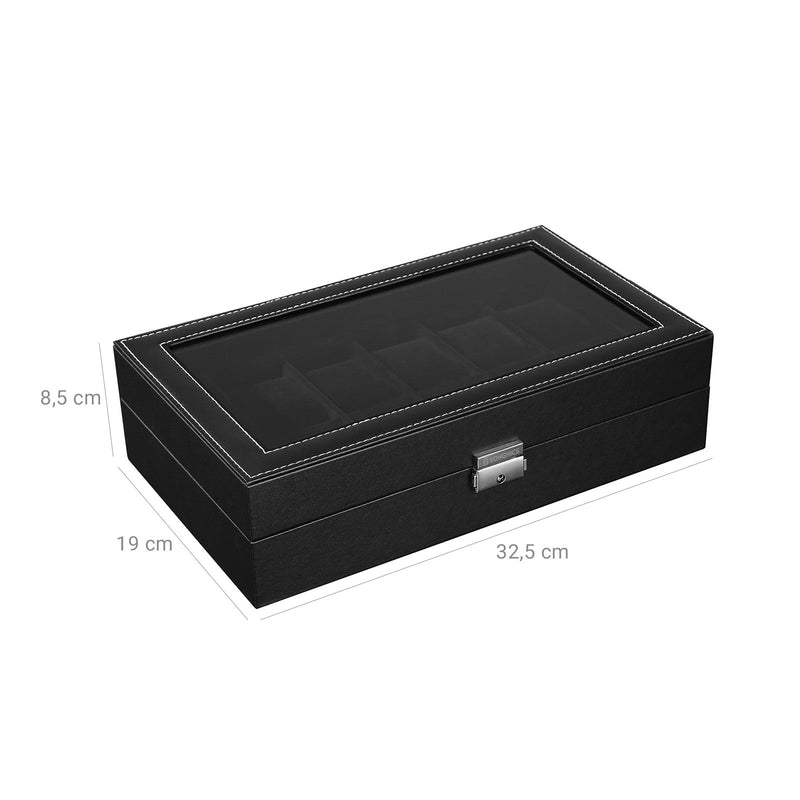 Watchbox - pentru 12 ceasuri - Cutie de ceasuri - Watchcase - Capac de sticlă - Negru