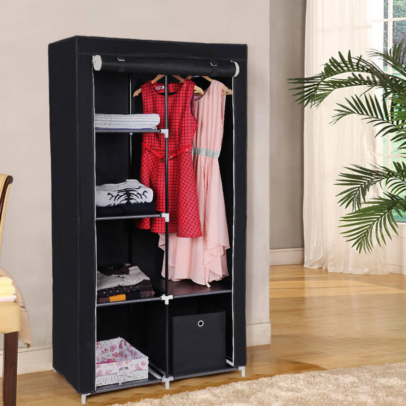 Stoffenkast -  garderobe - kledingrails -  6 legplanken - Kleding rek - Kledingkast - Zwart