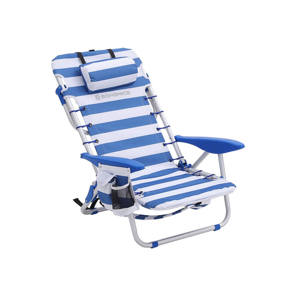 Chaise de plage - Cadre en aluminium - pliable - réglable - avec des oreillers bleus et blancs