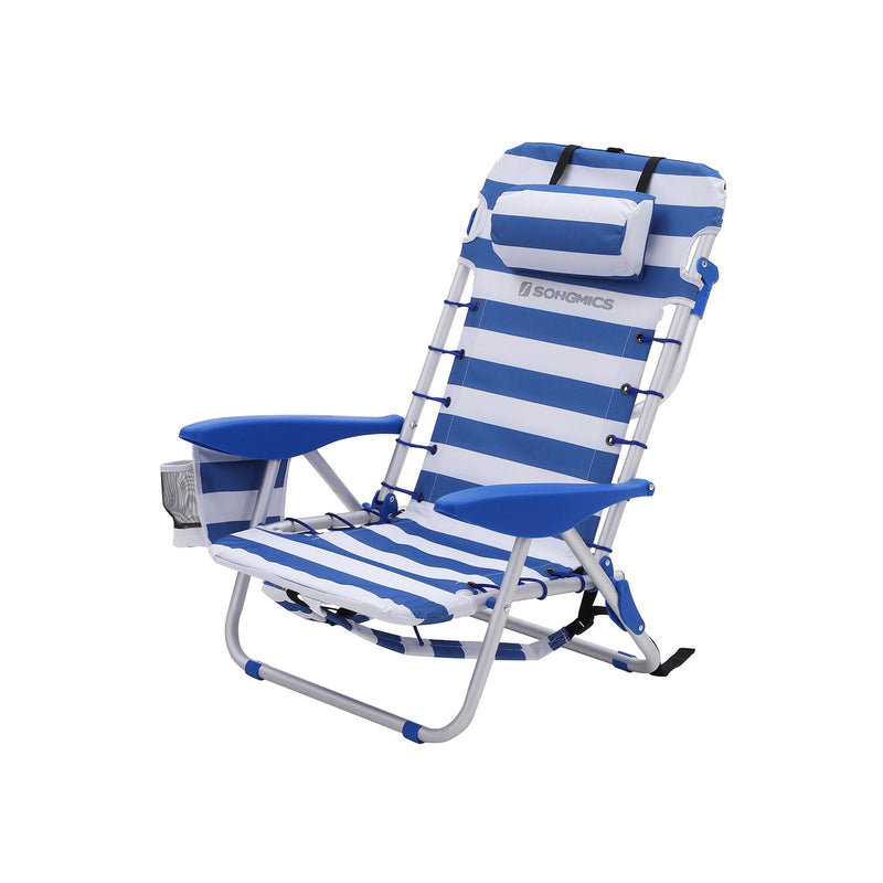 Chaise de plage - Cadre en aluminium - pliable - réglable - avec des oreillers bleus et blancs