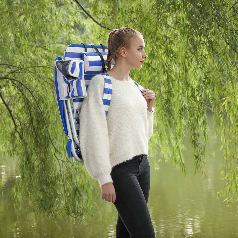 Strandstoel - Aluminium frame - Opvouwbaar - Verstelbaar - Met blauwe en witte kussens