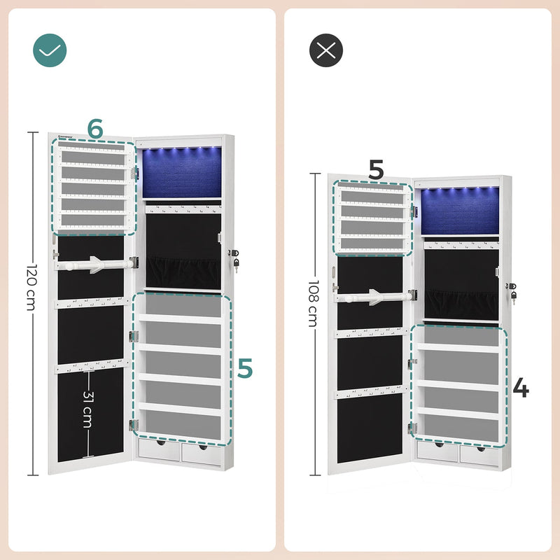 Armoire de bijoux suspendue avec éclairage LED - Rack de bijoux - montage de porte - réglable en hauteur - verrouillable - blanc