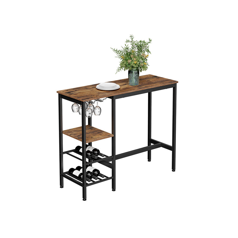 Table de bar avec supports pour verres à vin et bouteilles - table de cuisine - marron / noir