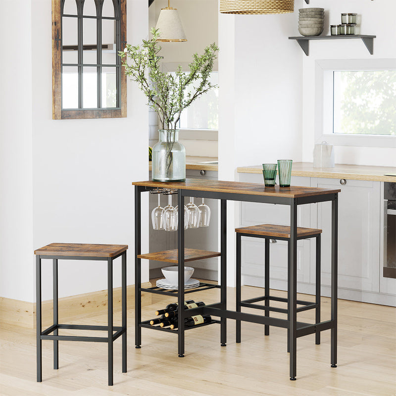 Table de bar avec supports pour verres à vin et bouteilles - table de cuisine - marron / noir