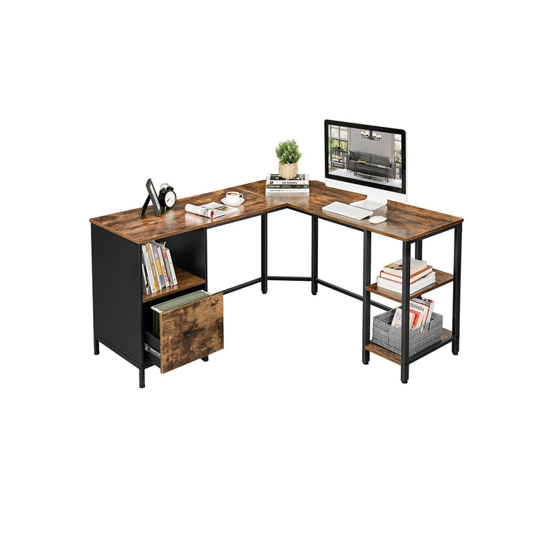 Bureau - Office Office - L Form - Computer Desk - With Cabinet - Vintage Brown / Black