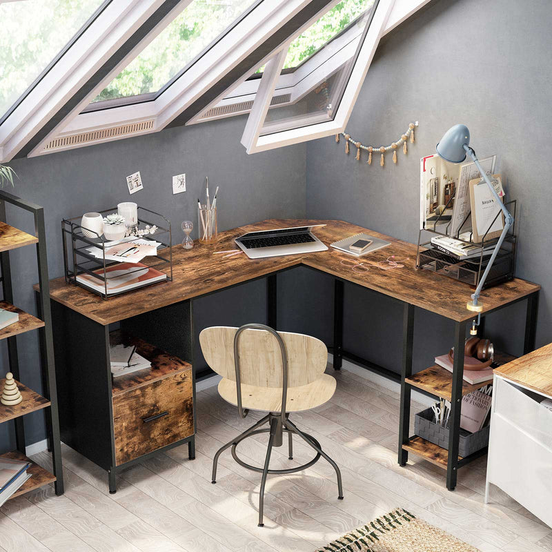 Bureau - Office Office - L Form - Computer Desk - With Cabinet - Vintage Brown / Black