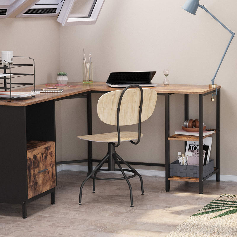 Bureau - Office Office - L Form - Computer Desk - With Cabinet - Vintage Brown / Black